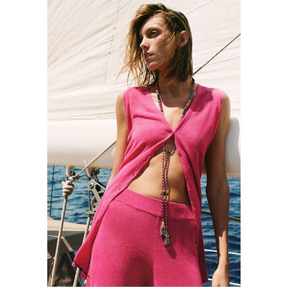 Zara Pink Linen Blend Sleeveless Oversized Button-Down Vest‎ Top Sz S NEW
